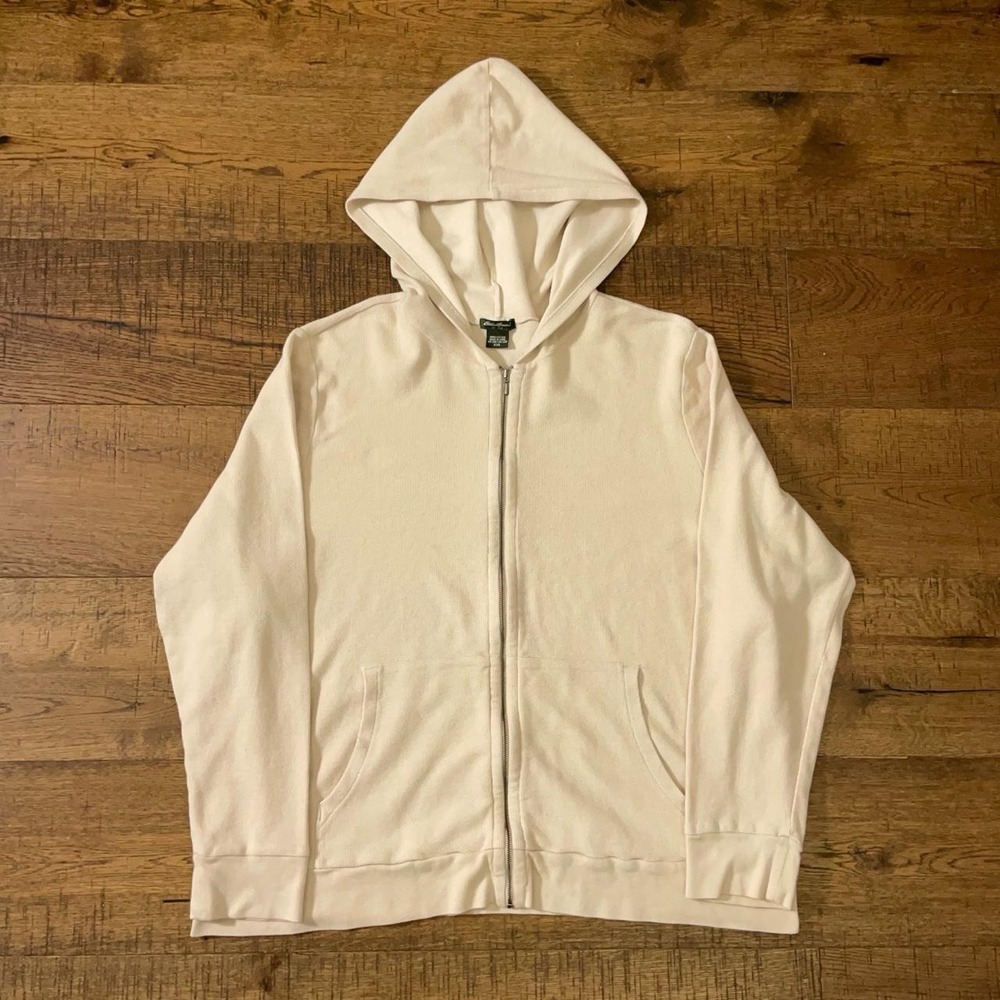 Eddie Bauer Waffle Thermal Hoodie Womens XXL Cream Vintage Relaxed Zip Up